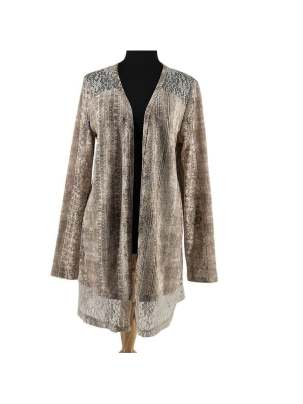 Joseph Ribkoff cardigan taupe gold lace open front pattern stretch unique sz 8 - Picture 5 of 11
